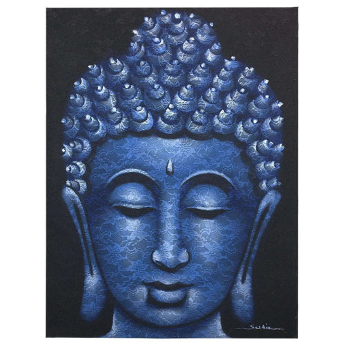 Close-up of a serene Buddha face with intricate blue brocade patterns, featuring calm closed eyes and detailed textured hair in the Buddah Painting - Blue Brocade Detail.