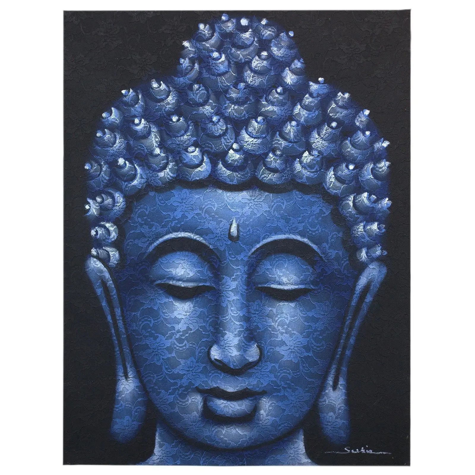 Buddah Painting - Blue Brocade Detail featuring a serene blue Buddha face with intricate brocade patterns, ideal for Buddha decor and wall hangings.