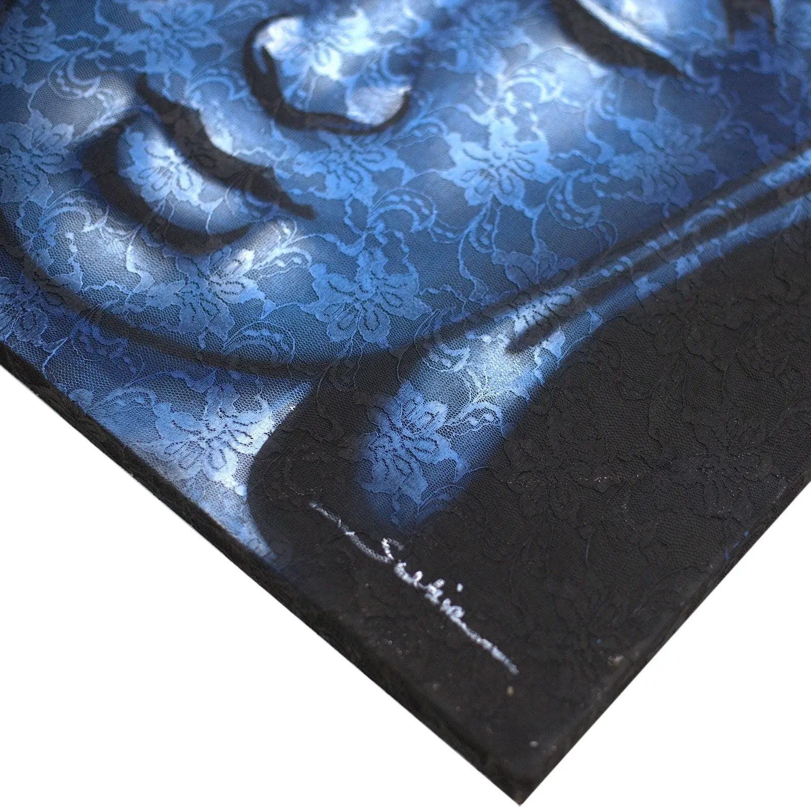 Close-up of a Buddah Painting - Blue Brocade Detail, featuring textured blue brocade pattern overlaid on a serene Buddha face in calming shades of blue and black.
