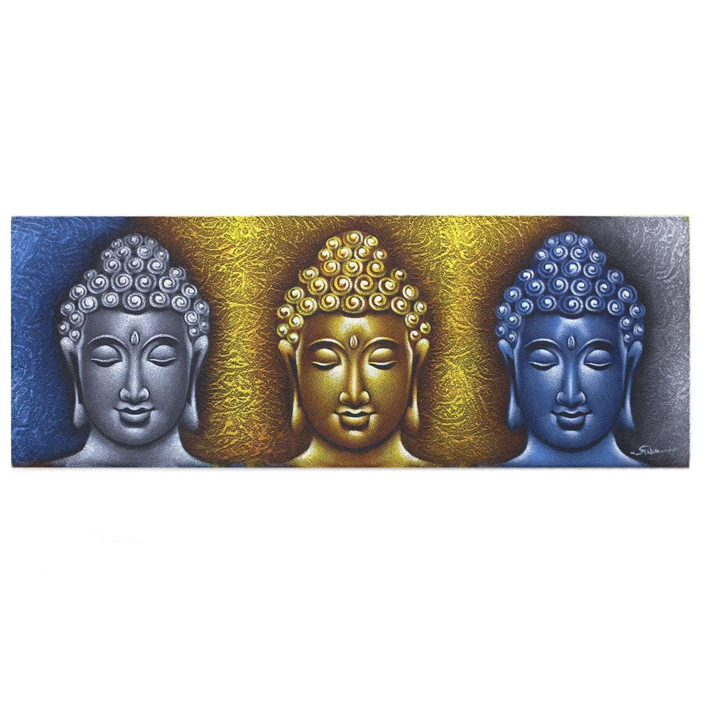 Buddha Painting - Three Heads Gold Detail featuring three serene Buddha faces in silver, gold, and blue tones with intricate swirl patterns and textured golden background.