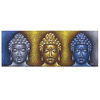 Buddha Painting - Three Heads Gold Detail featuring three serene Buddha faces in silver, gold, and blue tones with intricate swirl patterns and textured golden background.