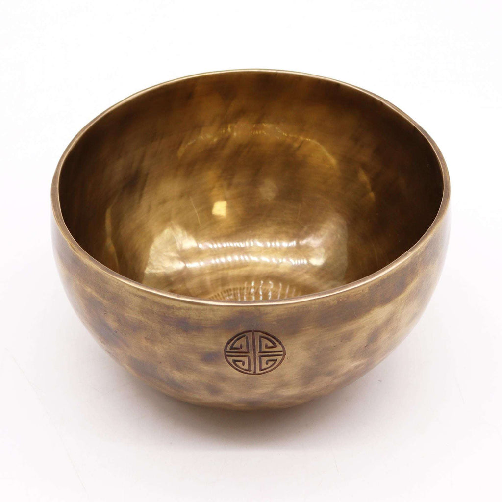 Large Nepalese Moon Bowl - (approx 850g) - 17cm made from polished brass with a smooth, reflective surface and a subtle etched symbol on the exterior side.