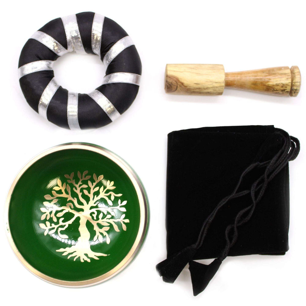 Tree of Life Singing Bowl Set- Green 10.7cm featuring a green bowl with gold tree of life design, wooden striker, black cushion with silver accents, and a black drawstring pouch.