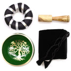 Tree of Life Singing Bowl Set- Green 10.7cm featuring a green bowl with gold tree of life design, wooden striker, black cushion with silver accents, and a black drawstring pouch.
