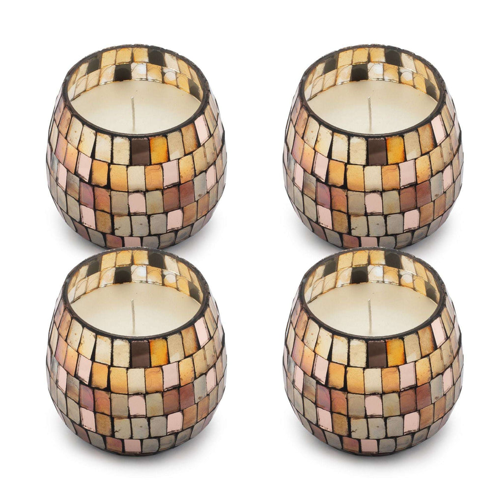 Four Small Glass Jar Candles - Amber Mosaic with warm-toned mosaic glass pieces in shades of amber, gold, and brown surrounding white wax candles inside.