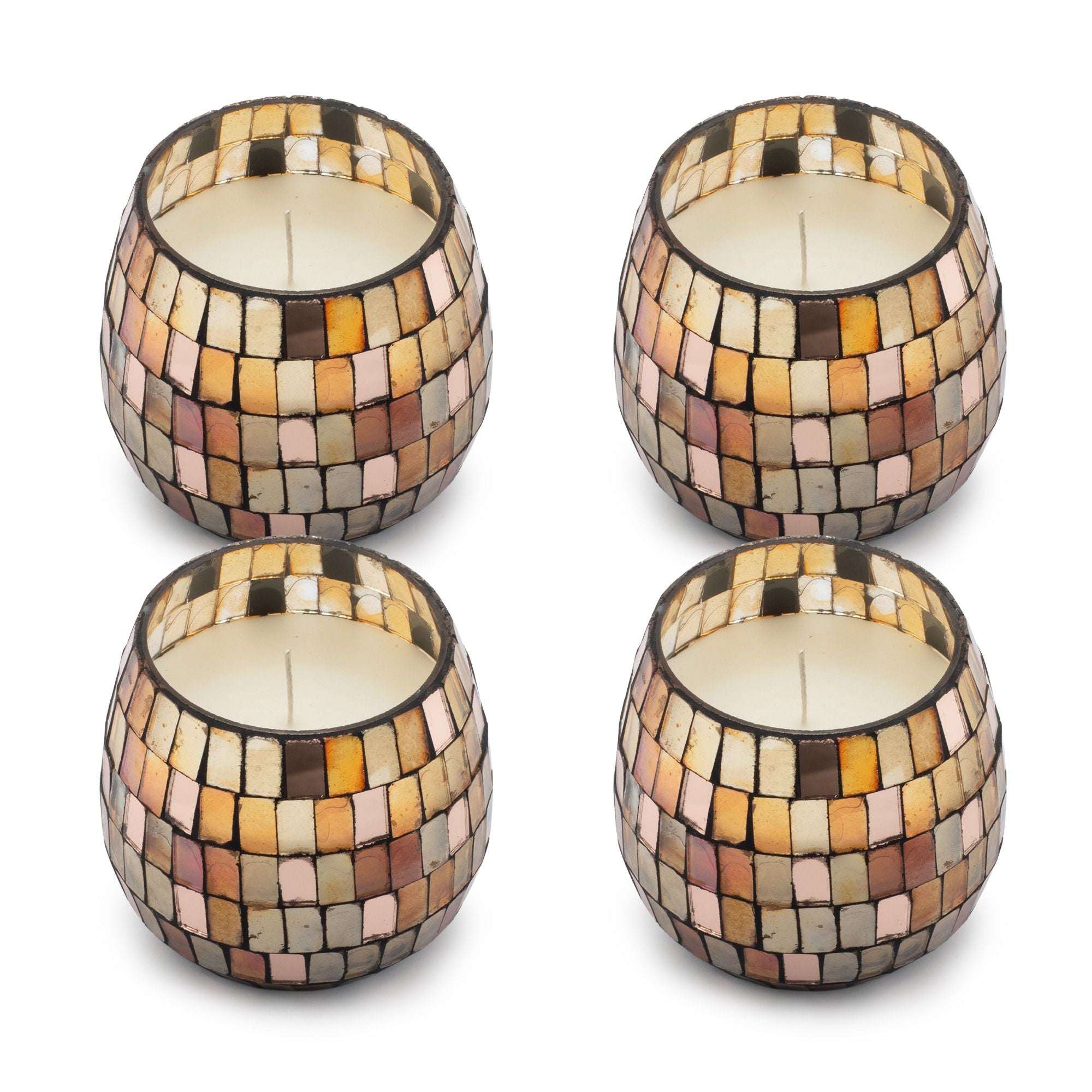 Four Small Glass Jar Candles - Amber Mosaic with warm-toned mosaic glass pieces in shades of amber, gold, and brown surrounding white wax candles inside.