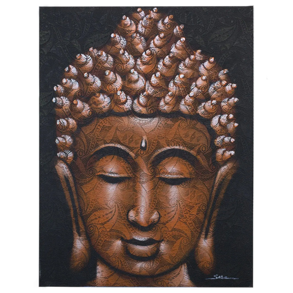Buddha Painting - Copper Brocade Detail featuring a serene Buddha face in rich copper tones with intricate brocade patterns on a dark background.