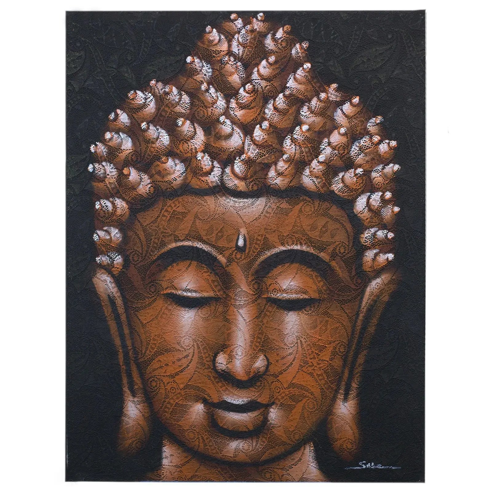 Buddha Painting - Copper Brocade Detail featuring a serene Buddha face in rich copper tones with intricate brocade patterns on a dark background.