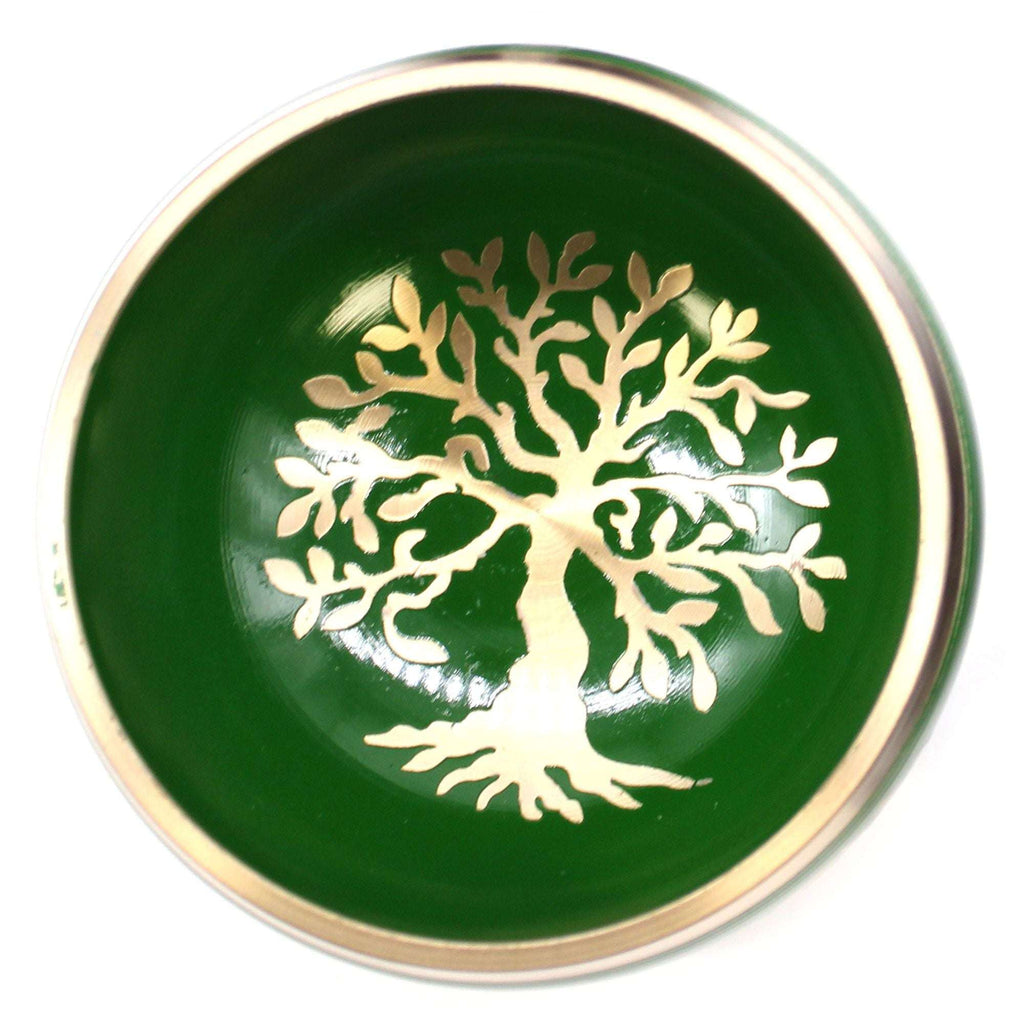 Tree of Life Singing Bowl Set- Green 10.7cm featuring a hand-painted golden tree of life design on a vibrant green surface with a polished brass rim.