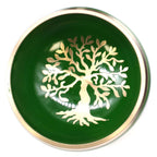 Tree of Life Singing Bowl Set- Green 10.7cm featuring a hand-painted golden tree of life design on a vibrant green surface with a polished brass rim.
