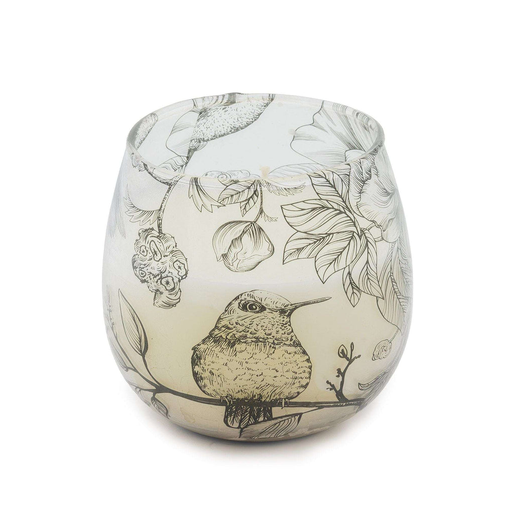 Small Glass Jar Candles - Drawn by Flame featuring a delicate design of a hummingbird and botanical illustrations on frosted glass for an elegant, nature-inspired look.