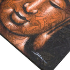 Close-up of a Buddha Painting - Copper Brocade Detail showcasing intricate copper-toned patterns and delicate brocade designs highlighting the serene face of Buddha.