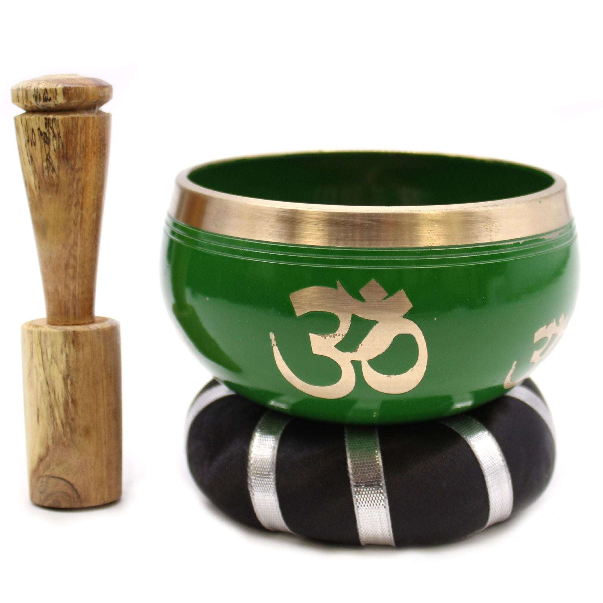 Tree of Life Singing Bowl Set- Green 10.7cm featuring a green bowl with a brass rim and Om symbol, wooden striker, and black cushion with silver accents for meditation and sound healing.
