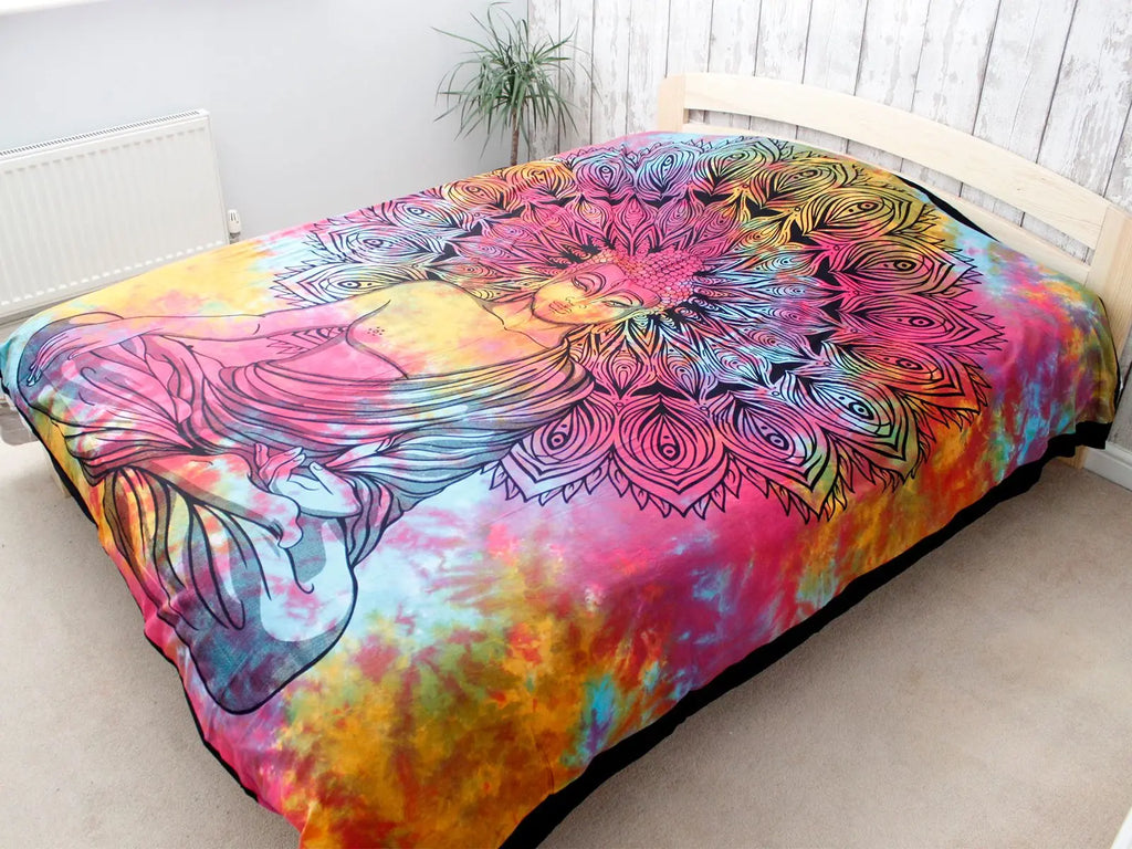 Double Cotton Bedspread + Wall Hanging - Peaceful Buddha featuring vibrant multicolor tie-dye design with a large detailed Buddha figure and mandala pattern, laid out on a bed.