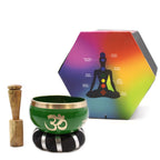 Tree of Life Singing Bowl Set- Green 10.7cm featuring a green singing bowl with an Om symbol, wooden striker, and a colorful chakra-themed hexagonal box.