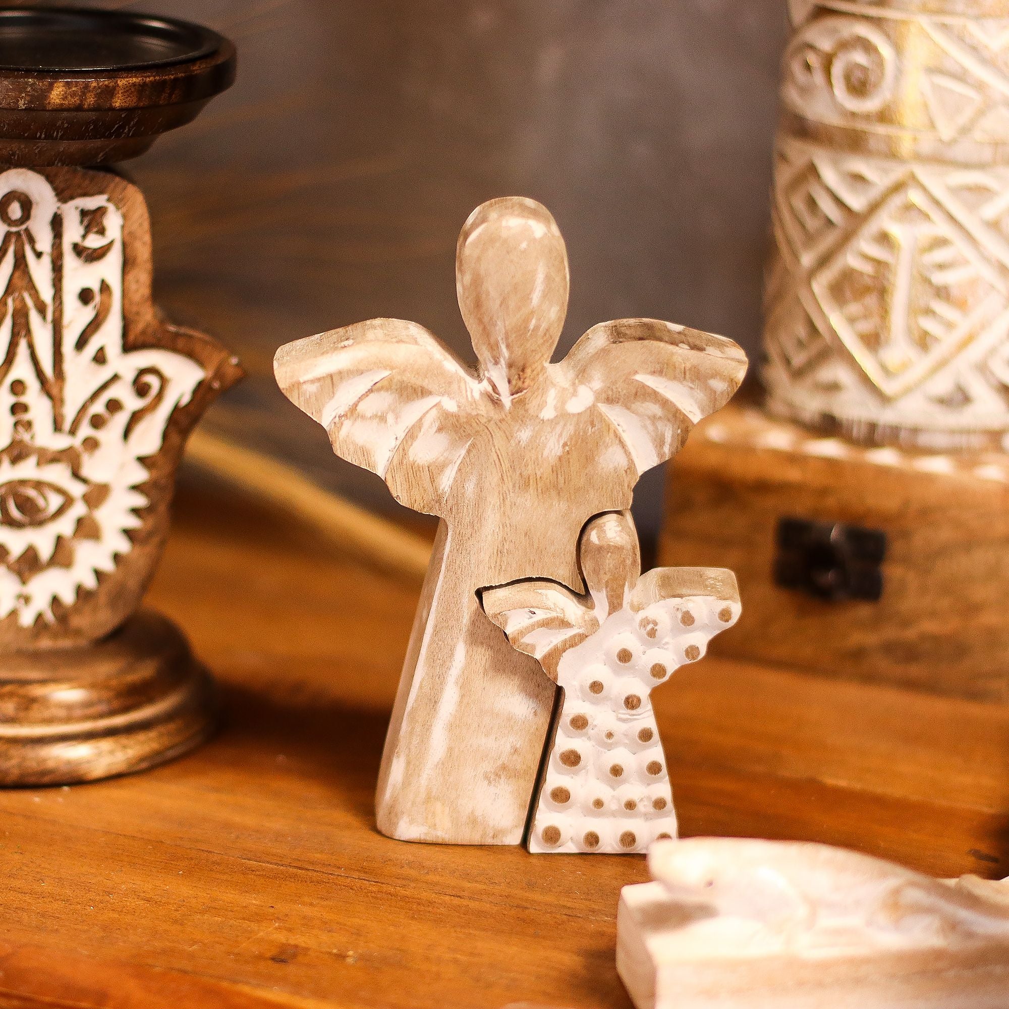 Mango Wood Angel in Angel - Whitewash