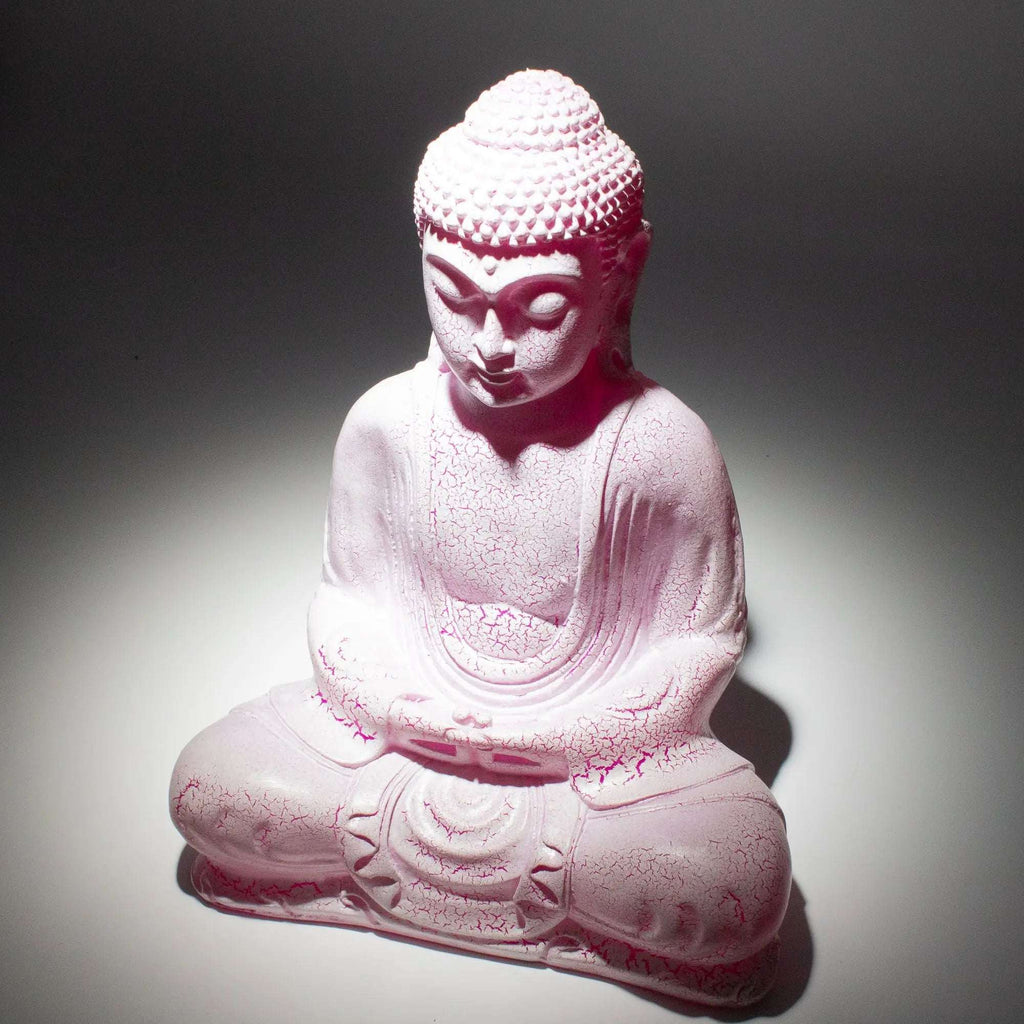 Meditation Buddha Lamp Cherry Crackle - Oval Stand in soft pink with crackled texture, featuring a serene seated Buddha figure emitting a gentle glow.