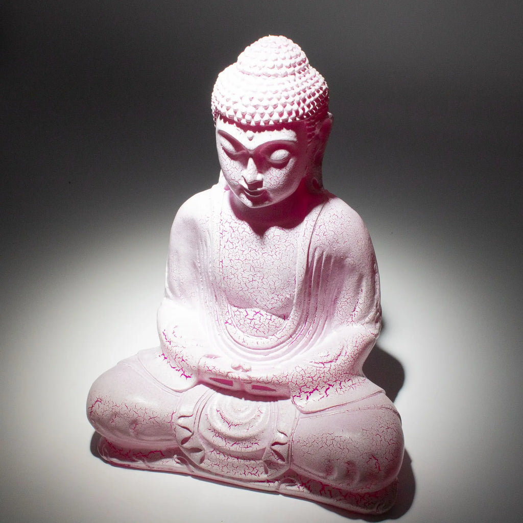 Meditation Buddha Lamp Cherry Crackle - Oval Stand featuring a serene hand-carved Buddha statue with a pink crackled finish, ideal for calming Buddha decor and Buddha glow lamps.