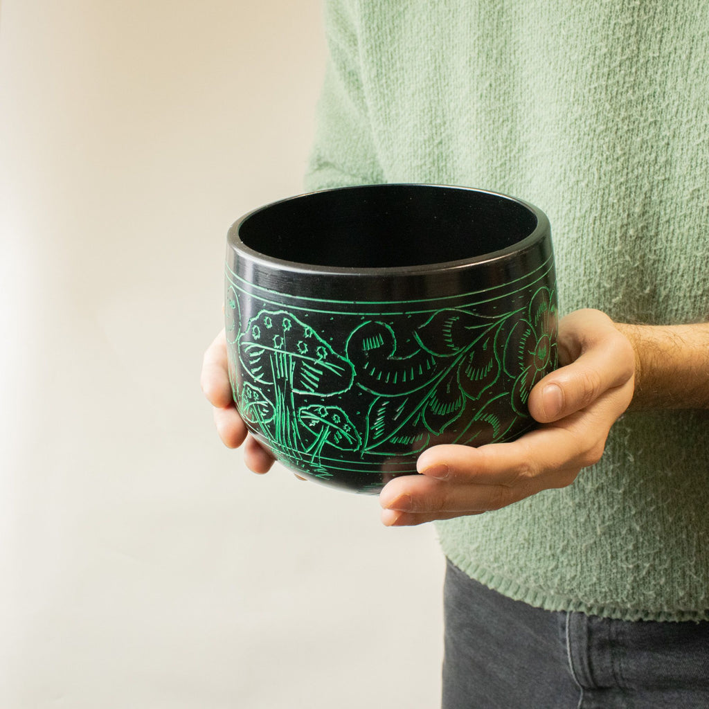 Cauldron Singing Bowl - Magic Mushroom Design - Green 15cm