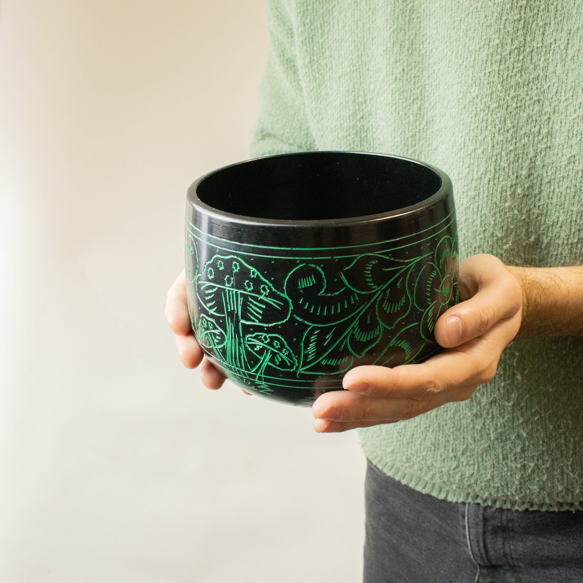 Cauldron Singing Bowl - Magic Mushroom Design - Green 15cm