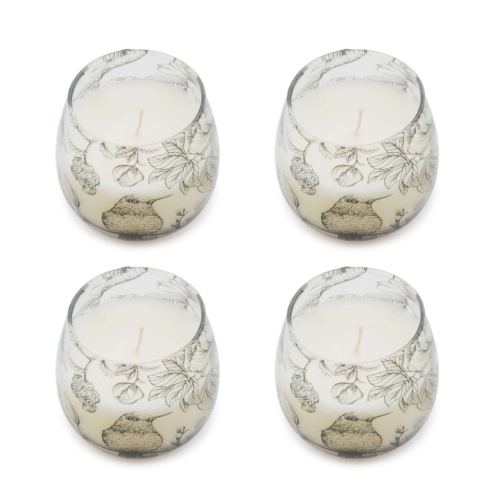 Four Small Glass Jar Candles - Drawn by Flame with intricate black botanical and bird illustrations on translucent glass, filled with white wax and a single wick.