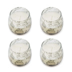 Four Small Glass Jar Candles - Drawn by Flame with intricate black botanical and bird illustrations on translucent glass, filled with white wax and a single wick.