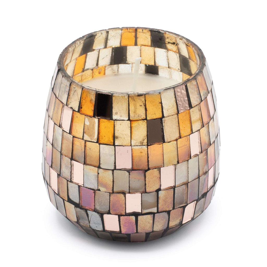 Medium Glass Jar Candles - Amber Mosaic with a mosaic glass exterior featuring warm amber, beige, and brown tones, designed for elegant home ambiance.