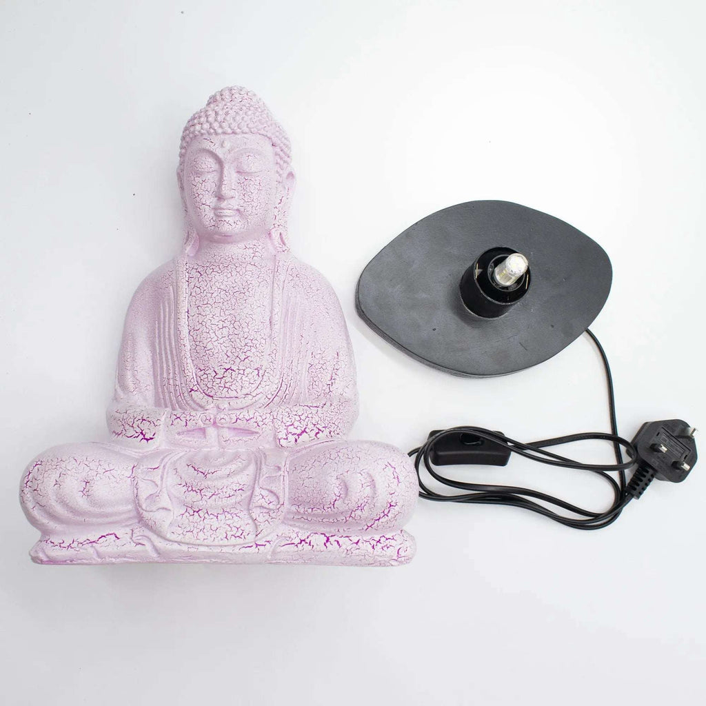 Meditation Buddha Lamp Cherry Crackle - Oval Stand featuring a pink crackled finish Buddha statue in meditation pose with a black oval lamp base and attached power cord.