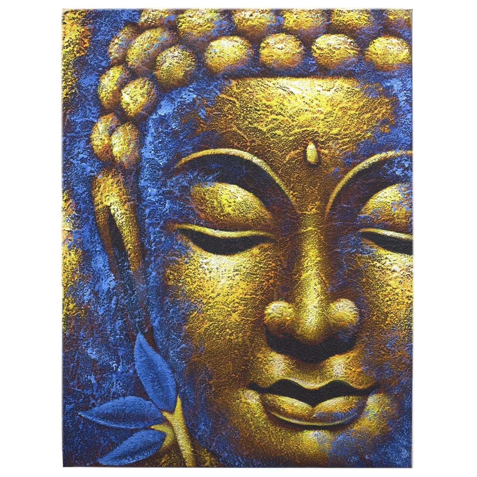 Buddha Painting - Gold Face & Lotus Flower featuring a serene golden Buddha face against a textured blue background with lotus flower accents, ideal for Buddha decor.