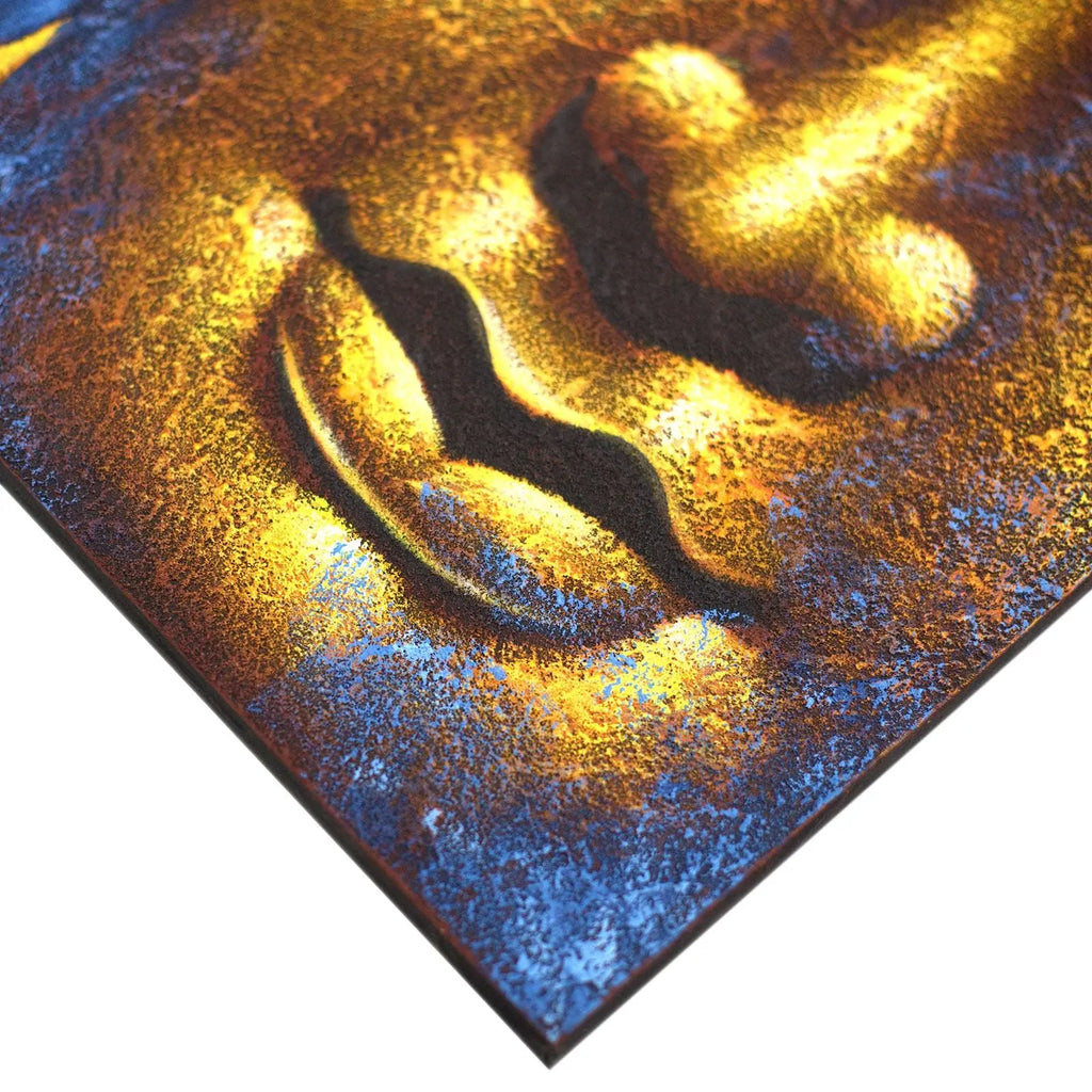 Close-up of a textured Buddha Painting - Gold Face & Lotus Flower artwork featuring serene facial features with golden highlights and deep blue shadows.