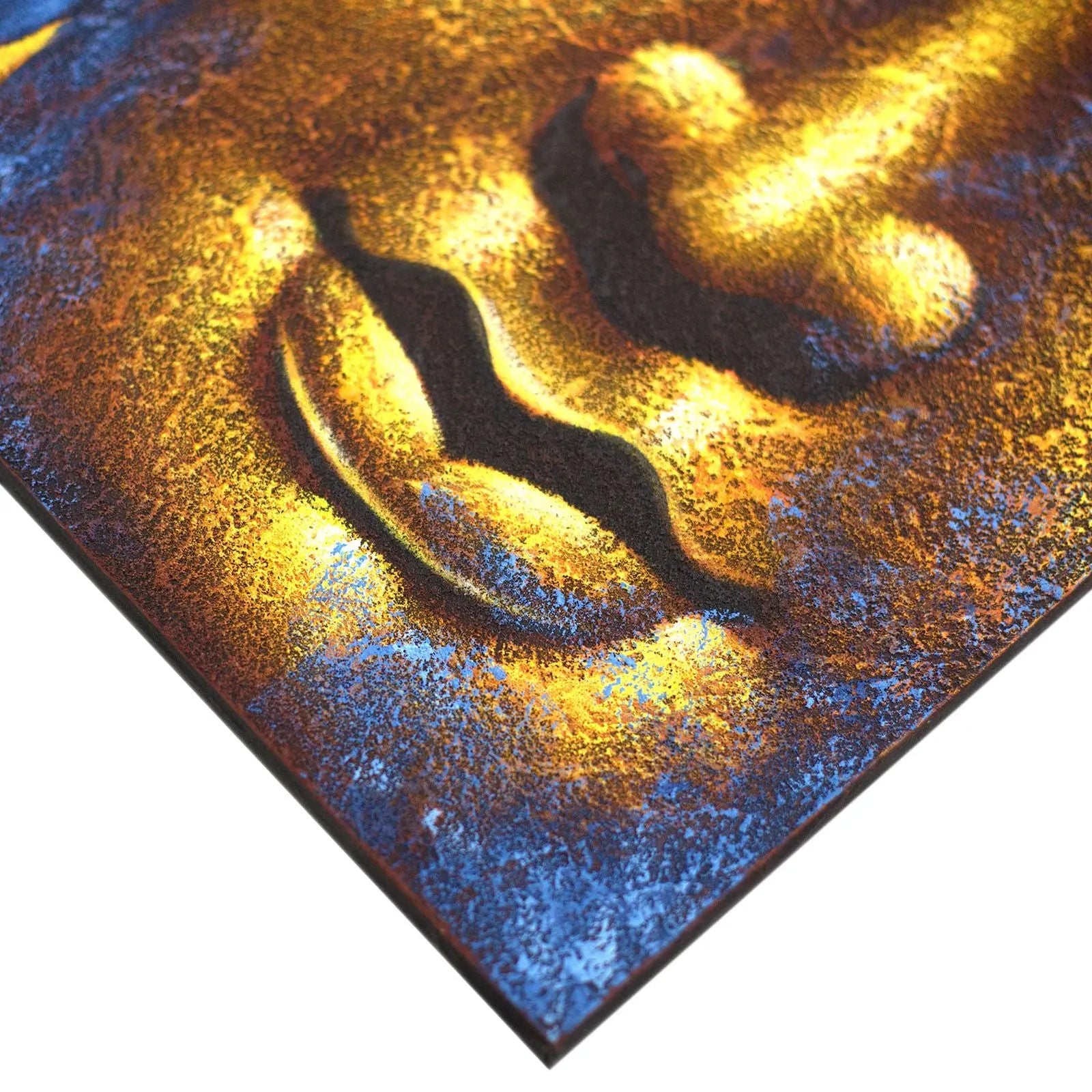 Close-up of a textured Buddha Painting - Gold Face & Lotus Flower artwork featuring serene facial features with golden highlights and deep blue shadows.