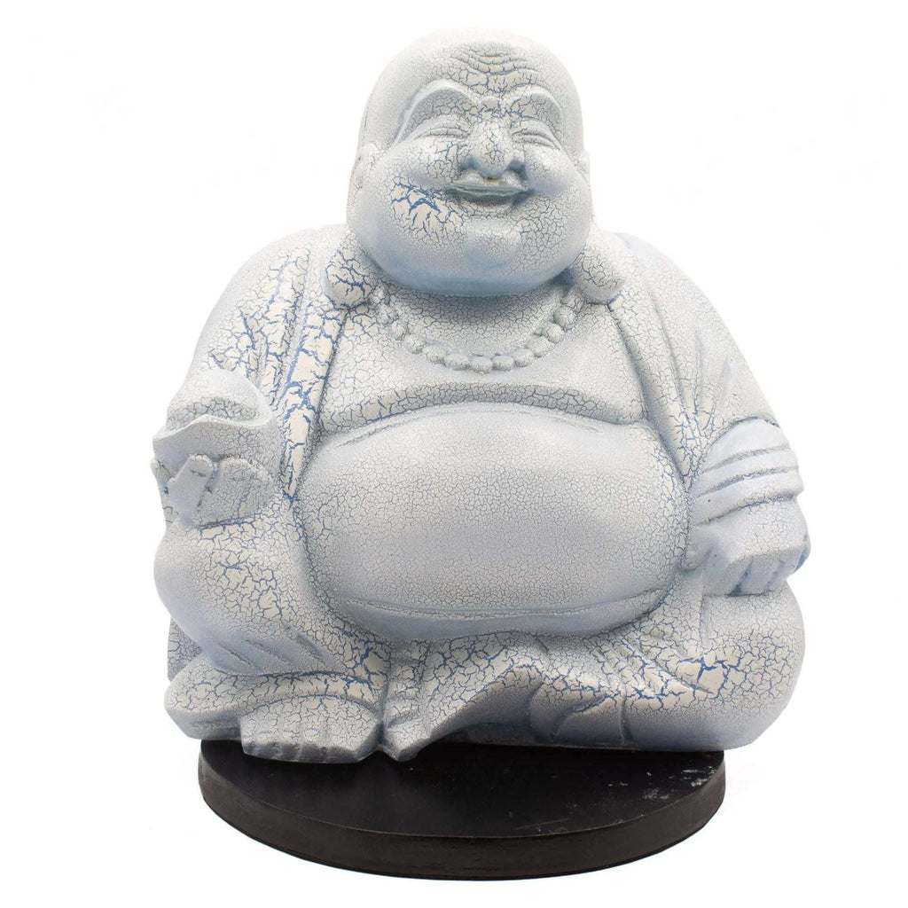 Laughing Buddha Lamp Sky Blue - Round Stand featuring a textured sky blue finish with crackled effect, sitting on a dark round base, combining Buddha decor and a soft glow lamp.