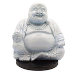 Laughing Buddha Lamp Sky Blue - Round Stand featuring a textured sky blue finish with crackled effect, sitting on a dark round base, combining Buddha decor and a soft glow lamp.