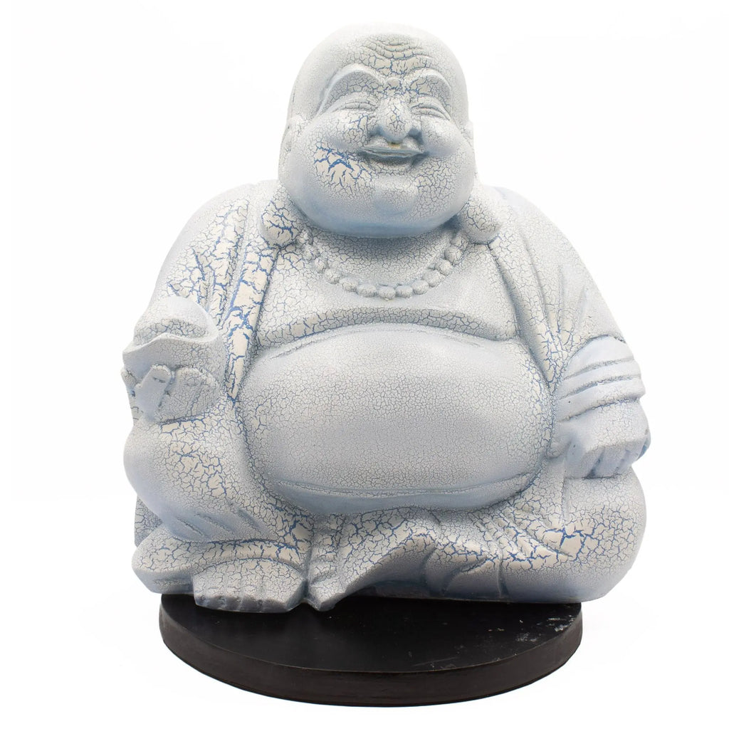 Laughing Buddha Lamp Sky Blue - Round Stand featuring a sky blue, crackled resin Buddha statue seated on a round black base, ideal as a Buddha glow lamp and decorative Buddha decor piece.