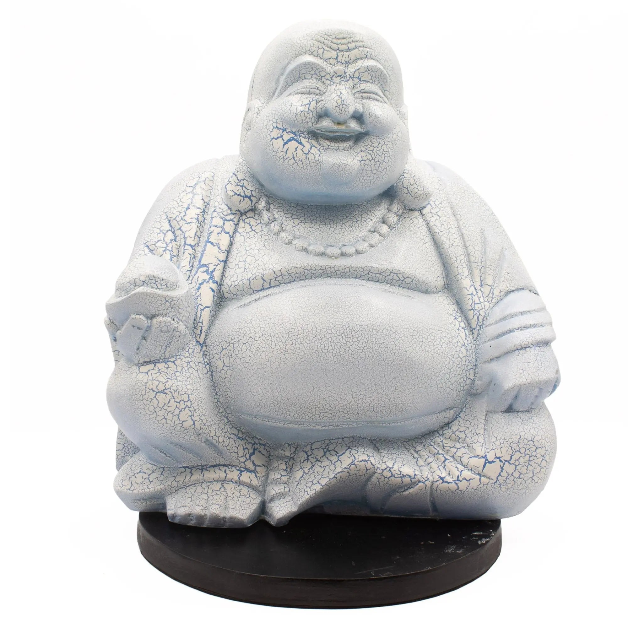Laughing Buddha Lamp Sky Blue - Round Stand featuring a sky blue, crackled resin Buddha statue seated on a round black base, ideal as a Buddha glow lamp and decorative Buddha decor piece.