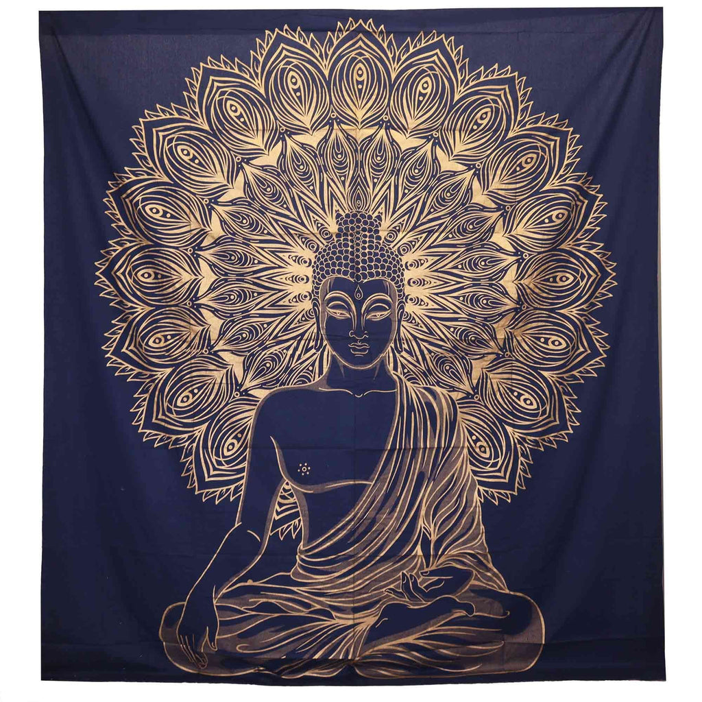 Double Cotton Bedspread + Wall Hanging - Buddha - Blue Gold featuring a serene Buddha figure in a meditative pose with an intricate gold mandala pattern on a deep blue background.