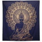 Double Cotton Bedspread + Wall Hanging - Buddha - Blue Gold featuring a serene Buddha figure seated in meditation with an intricate gold mandala pattern on a deep blue cotton background.