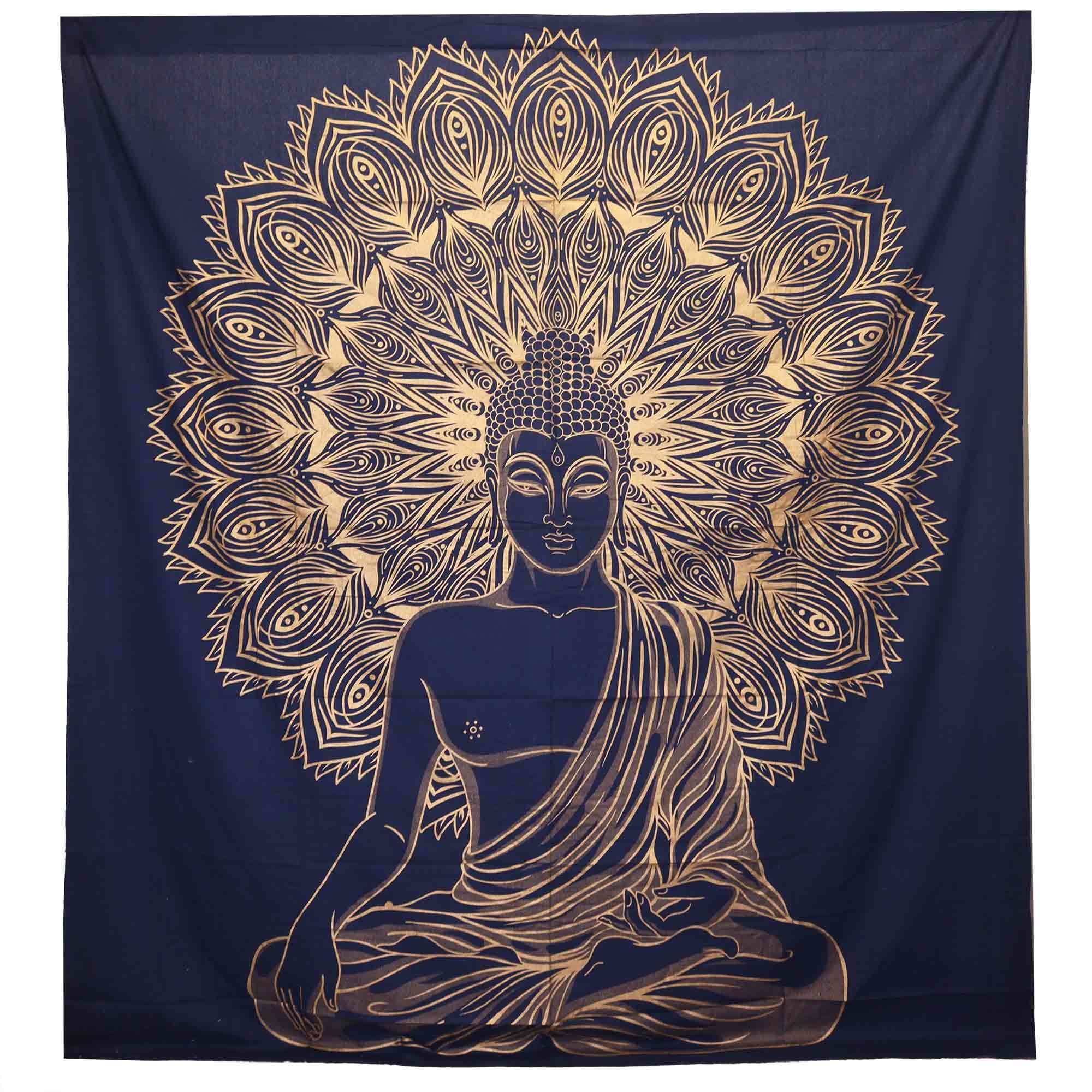 Double Cotton Bedspread + Wall Hanging - Buddha - Blue Gold featuring a serene Buddha figure in a meditative pose with an intricate gold mandala pattern on a deep blue background.