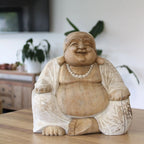 Happy Buddha - Whitewash 30cm hand carved resin Buddha statue with a joyful expression, detailed robe, and serene presence, perfect for indoor Buddha decor.