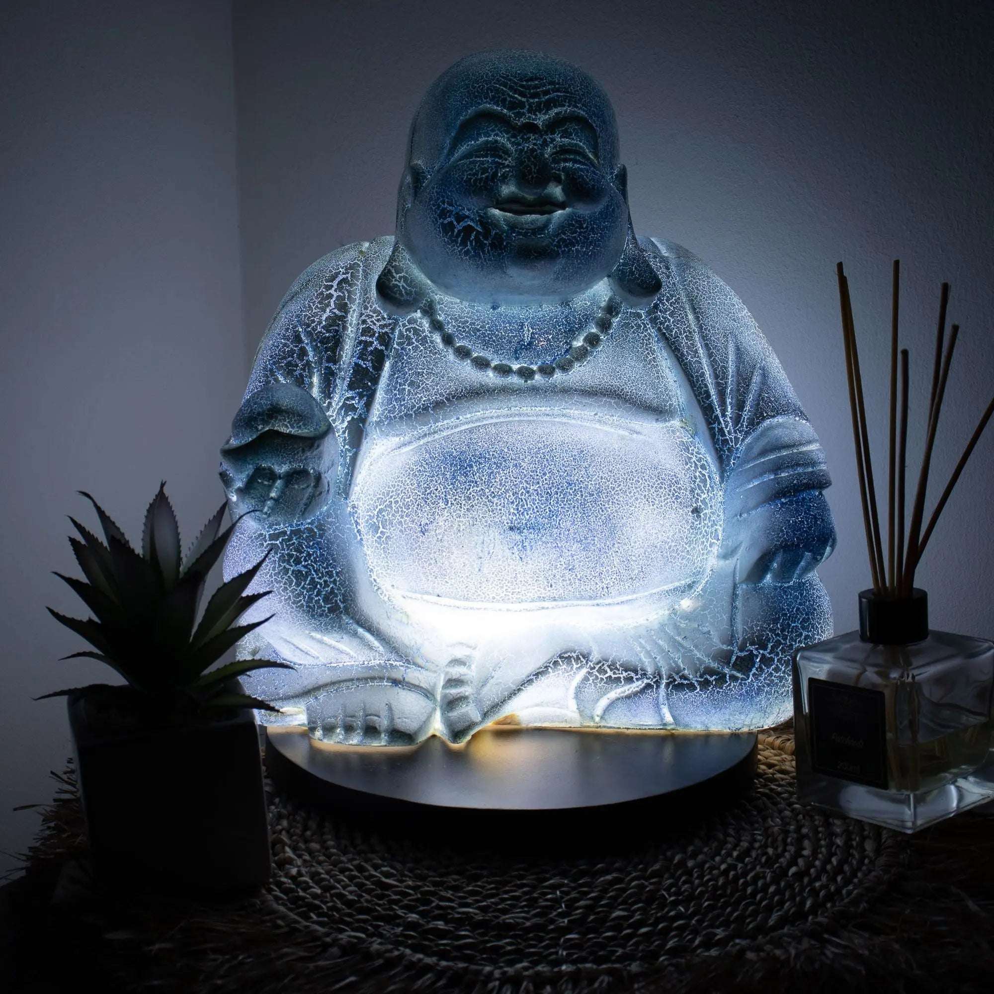 Laughing Buddha Lamp Sky Blue - Elegant Round Stand – Root & Still