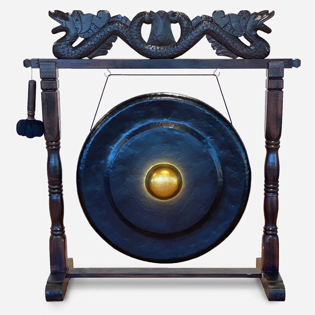 Large Healing Gong in Antique Dragon Stand - 80cm - Black