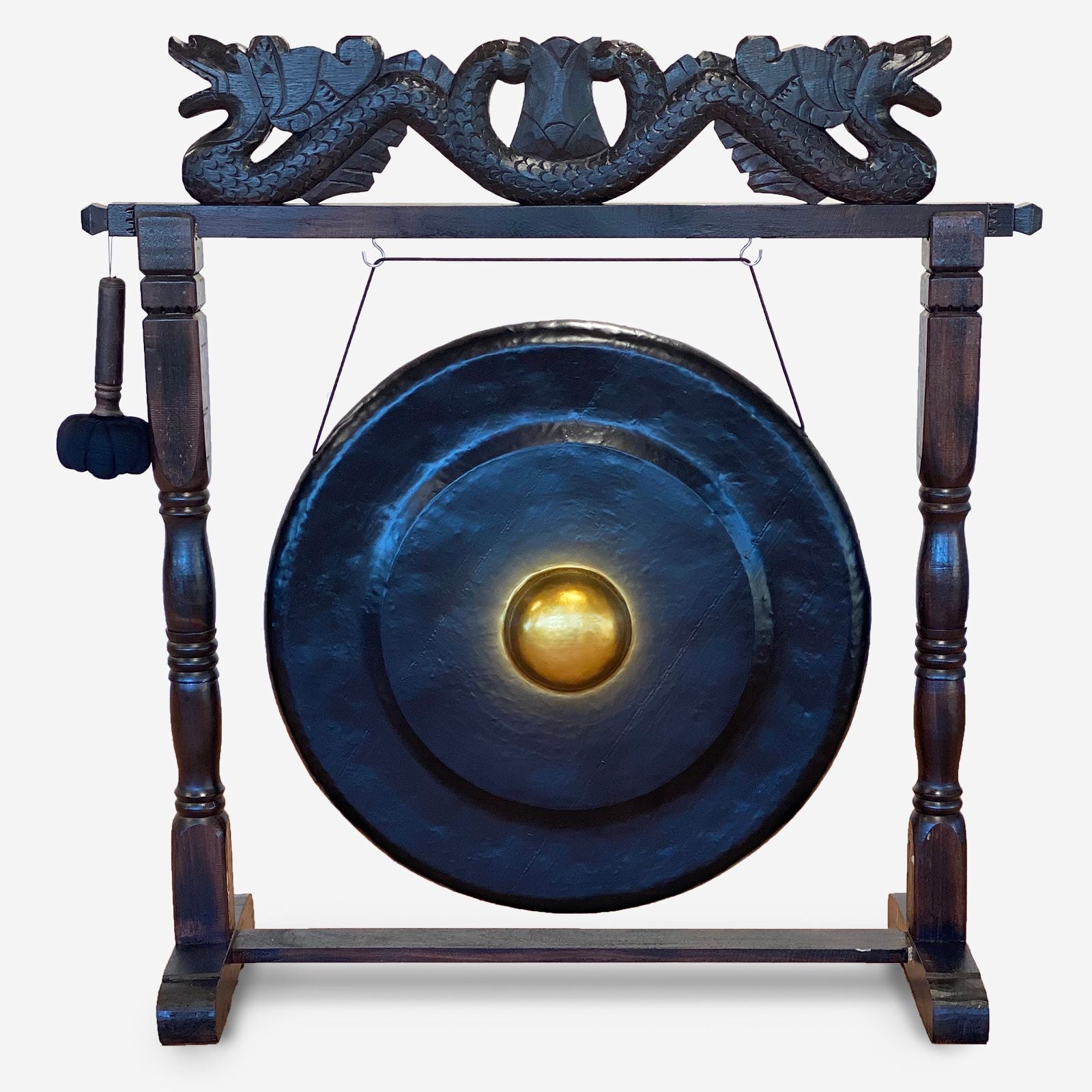 Large Healing Gong in Antique Dragon Stand - 80cm - Black