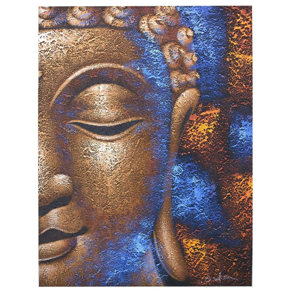 Buddha Painting - Copper Face featuring a serene half-face Buddha with textured copper and vibrant blue and orange background, ideal for Buddha decor and wall hangings.