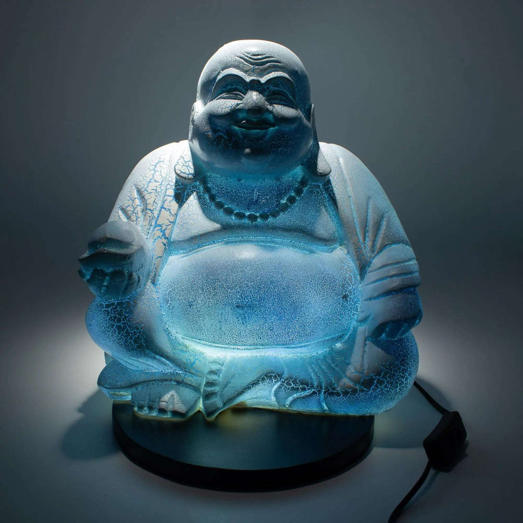 Laughing Buddha Lamp Sky Blue - Round Stand glowing softly with a serene sky blue light, featuring detailed hand-carved resin Buddha statue on a round black base.