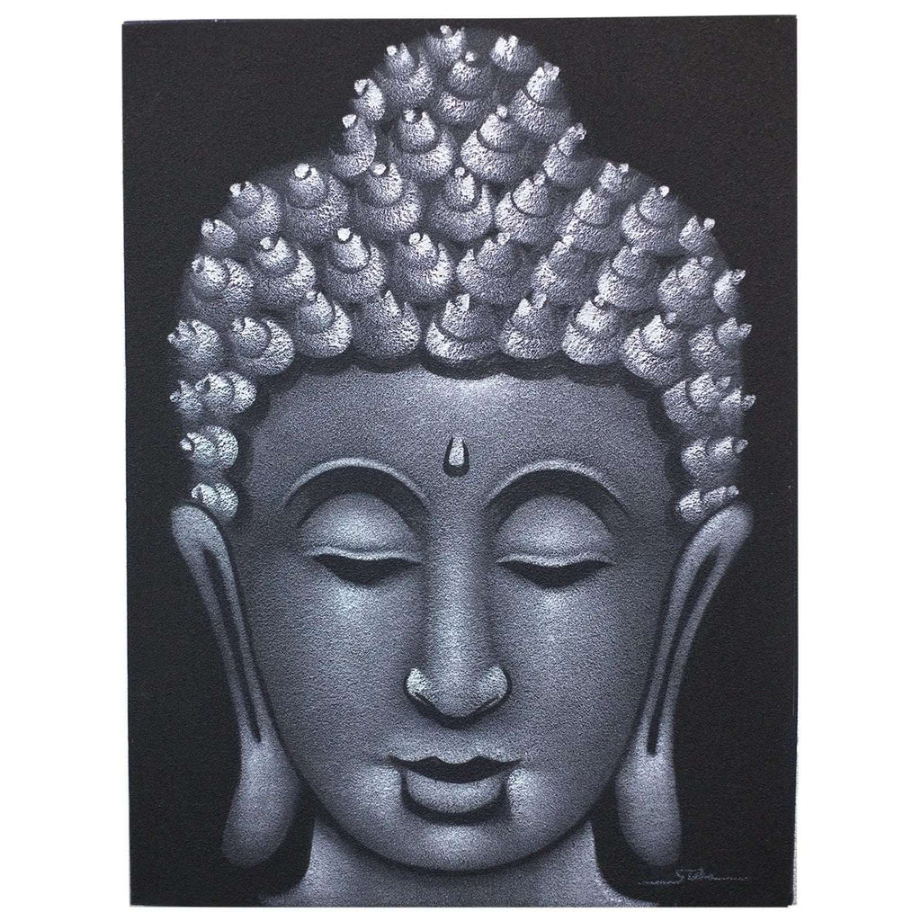 Buddha Painting - Grey Sand Finish depicting a serene Buddha face in shades of grey and black with textured hair detail, perfect for calming Buddha decor or wall hanging.