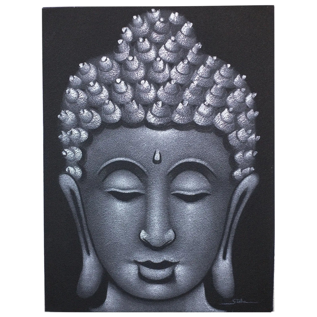 Buddha Painting - Grey Sand Finish depicts a serene Buddha face in peaceful meditation with detailed textured hair and calm expression in shades of grey on a dark background.