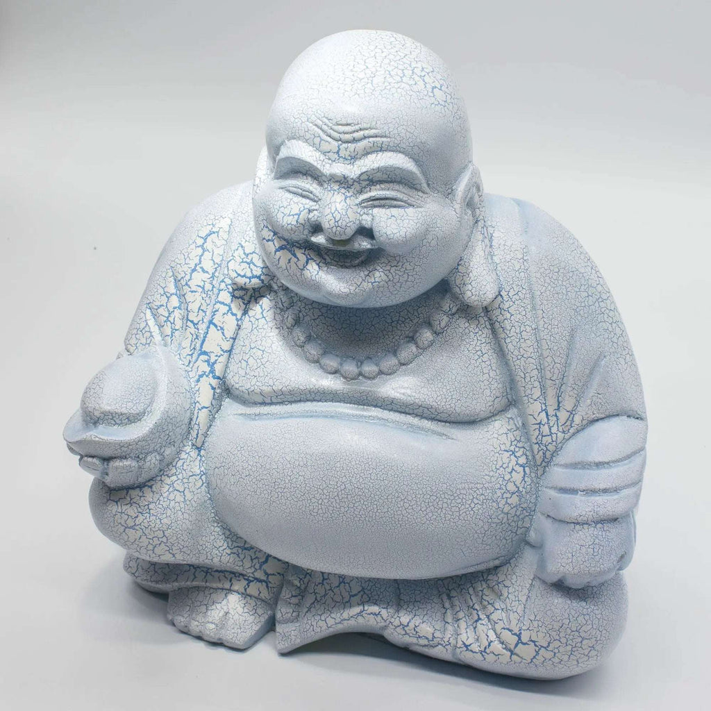 Laughing Buddha Lamp Sky Blue - Round Stand featuring a cracked textured resin Buddha figure with a joyful expression, holding a bowl, perfect for Buddha decor and glow lamp accents.