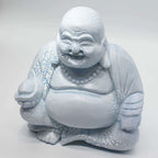 Laughing Buddha Lamp Sky Blue - Round Stand featuring a cracked textured resin Buddha figure with a joyful expression, holding a bowl, perfect for Buddha decor and glow lamp accents.