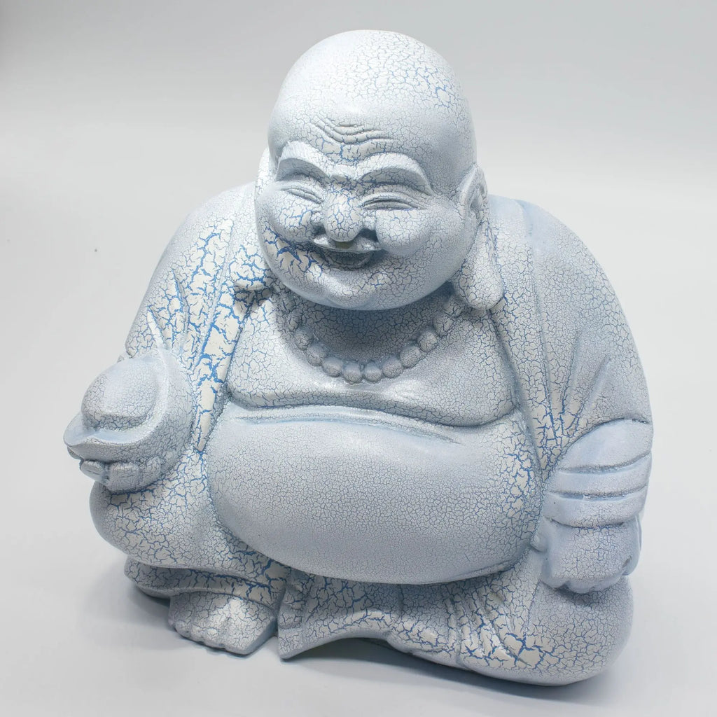 Laughing Buddha Lamp Sky Blue - Round Stand featuring a hand-painted resin Buddha statue with a cracked sky blue finish and joyful expression, perfect for Buddha decor.
