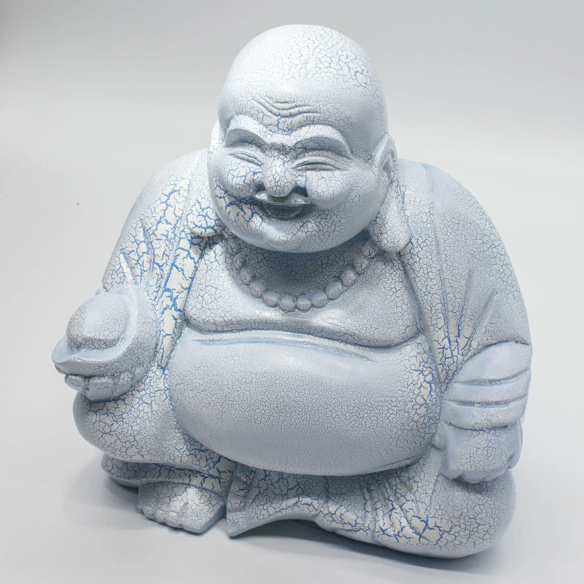 Laughing Buddha Lamp Sky Blue - Round Stand featuring a hand-painted resin Buddha statue with a cracked sky blue finish and joyful expression, perfect for Buddha decor.